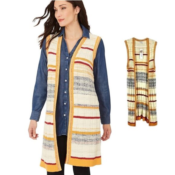 Foxcroft Nico Sweater Vest L Cream/Orange Striped Open Drape Lagenlook NWT - Picture 3 of 9
